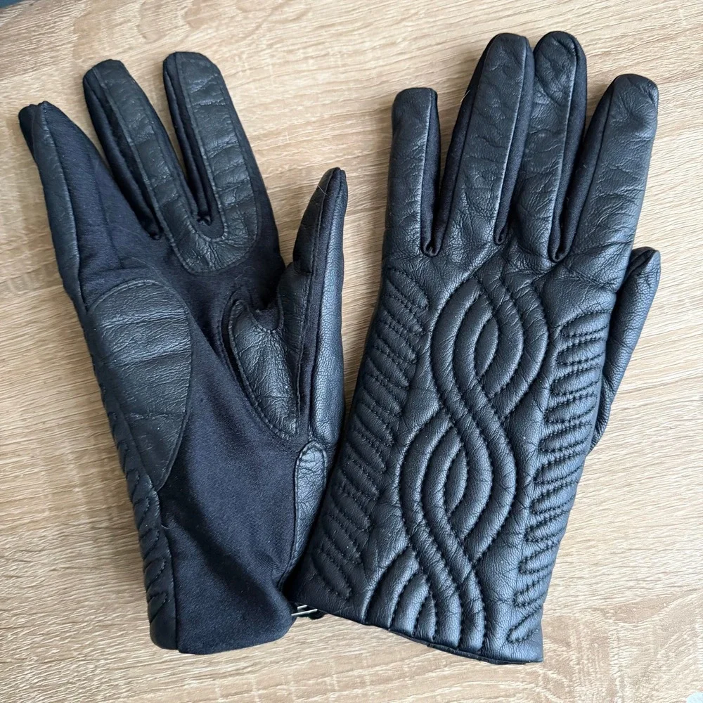 Womens Black Genuine Leather Quilted Scroll Gloves Spandex Palm M/L 56758